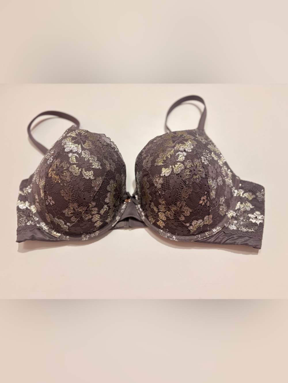 Victoria's Secret Gray Lace Underwire Bra with Gold & Silver Accents